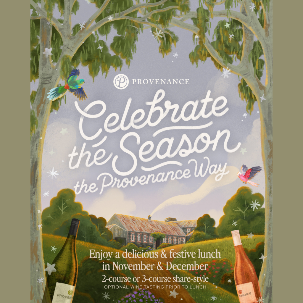Promotional poster for Provenance celebrating the season with a scenic landscape and bottles of wine.