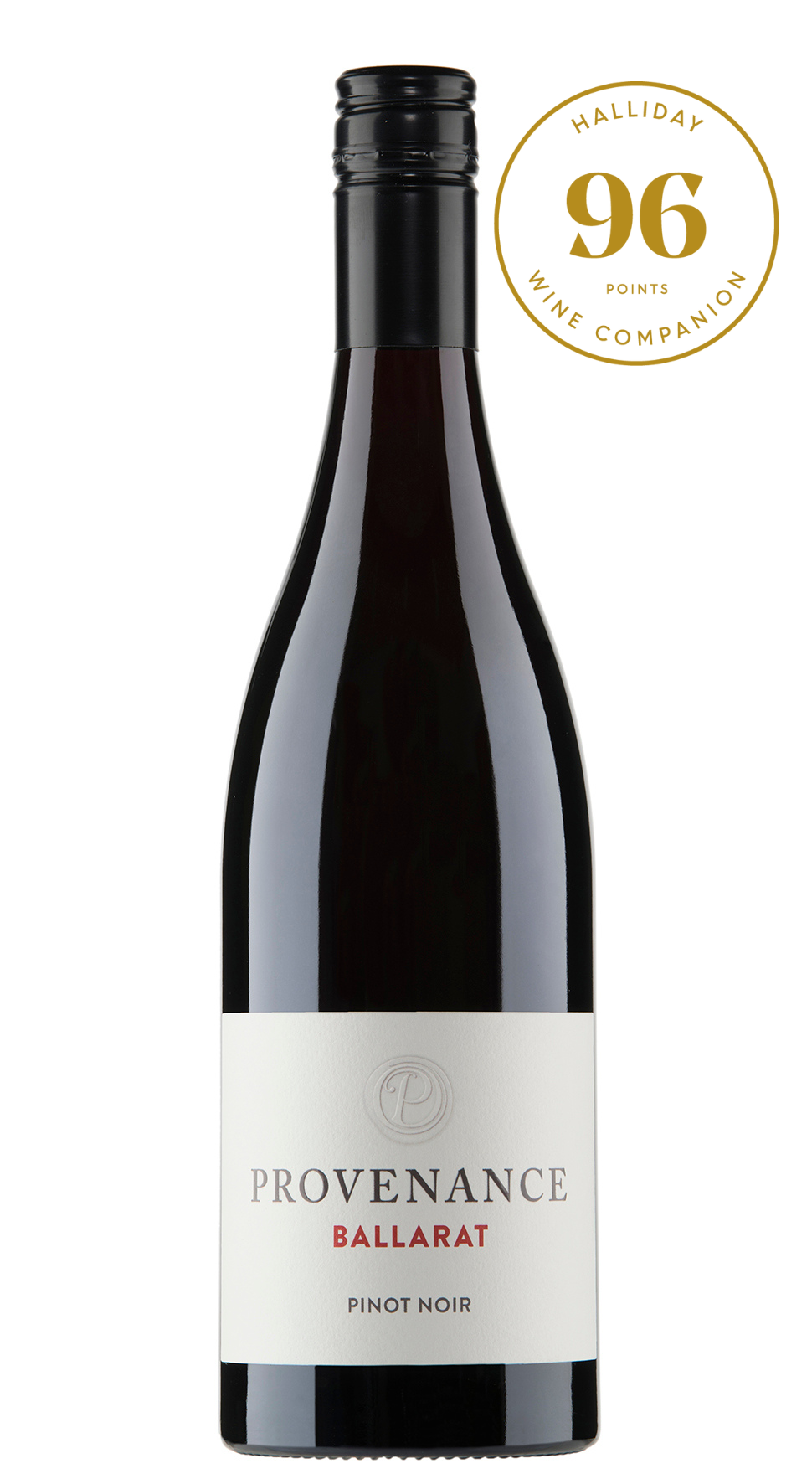Bottle of Provenance Ballarat Pinot Noir wine with a gold 96 points award and white label on a white background