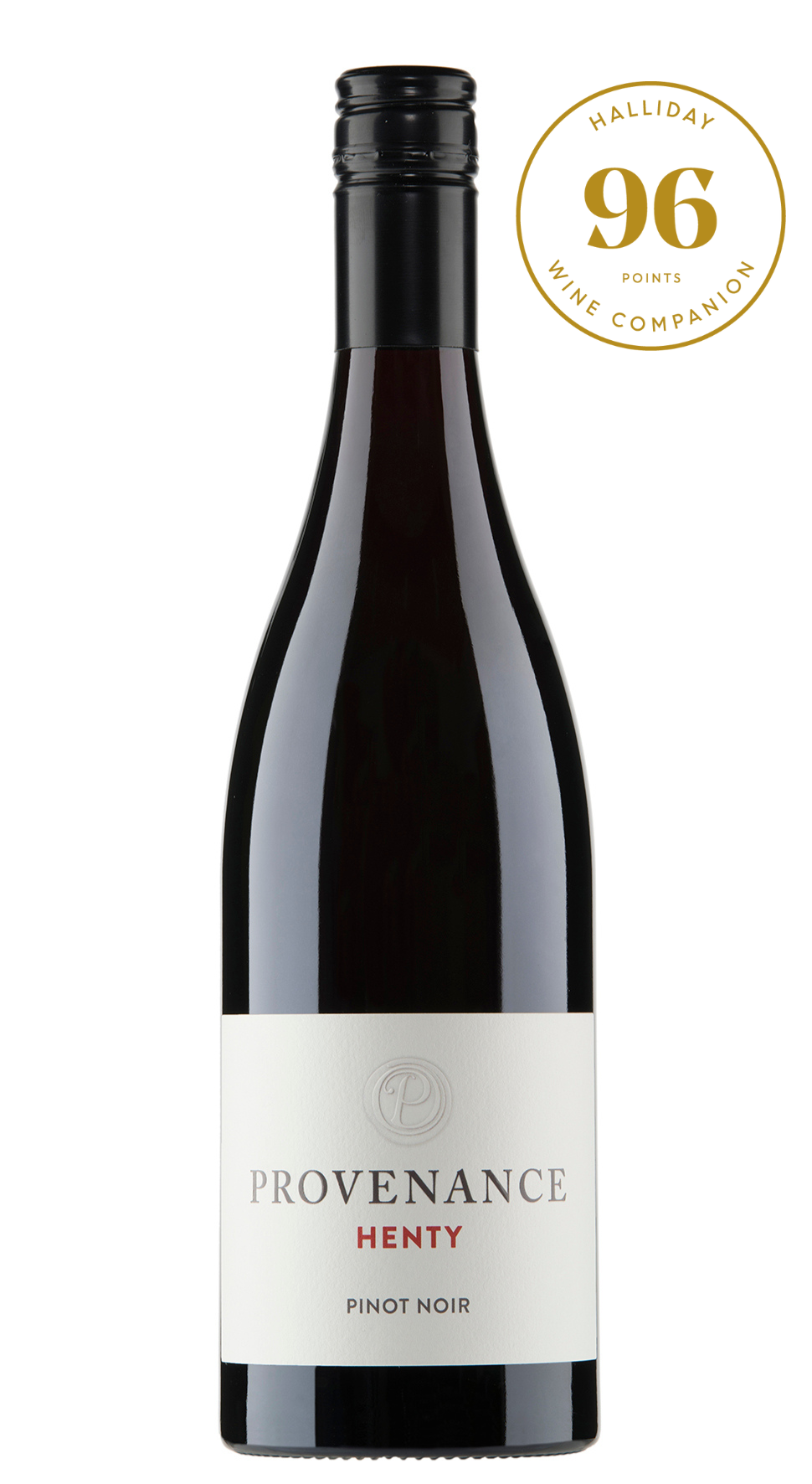 Bottle of Provenance Henty Pinot Noir with a gold 96 points rating on a white background