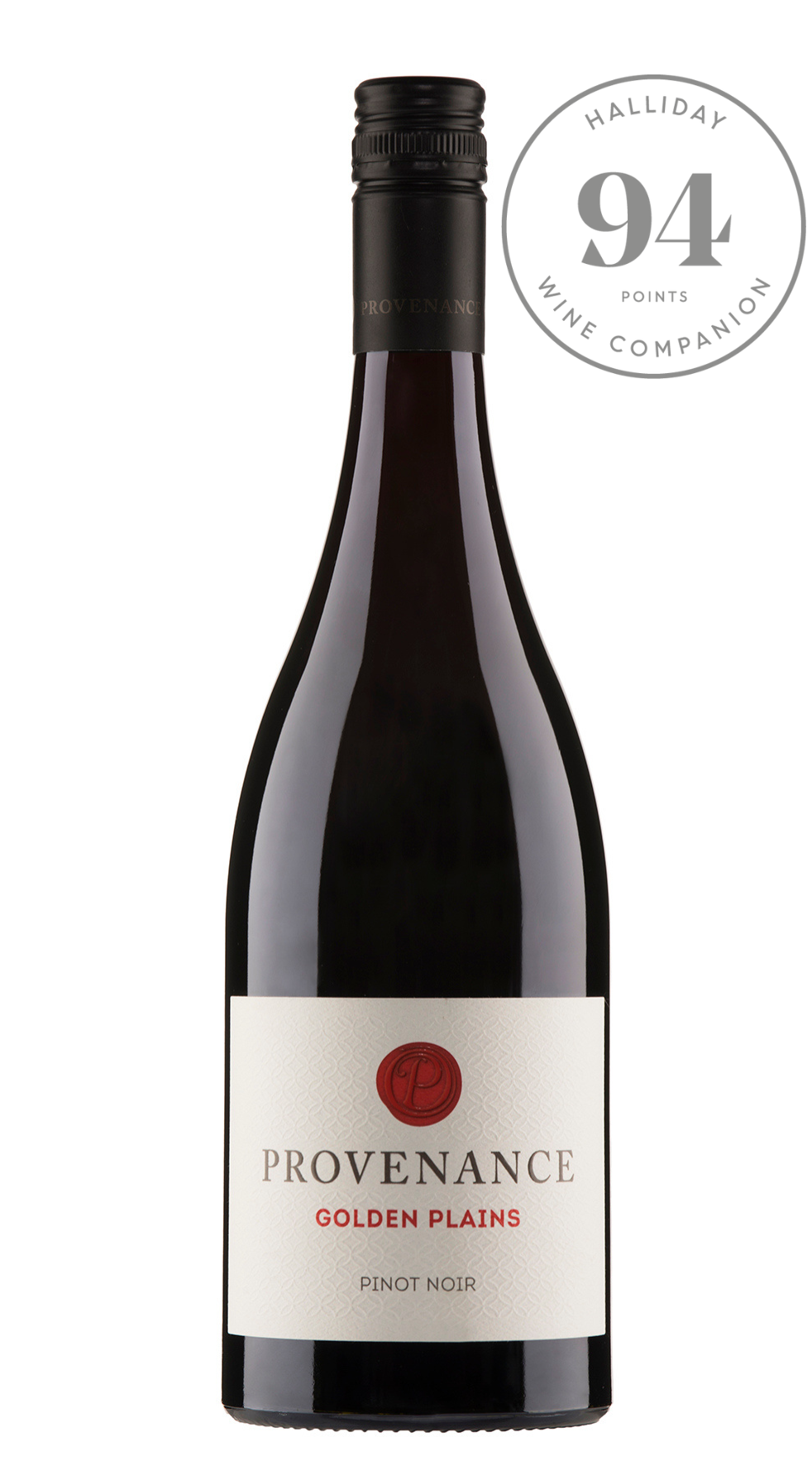 Bottle of Provenance Golden Plains Pinot Noir with a 94-point rating from the Halliday Wine Companion on a white background