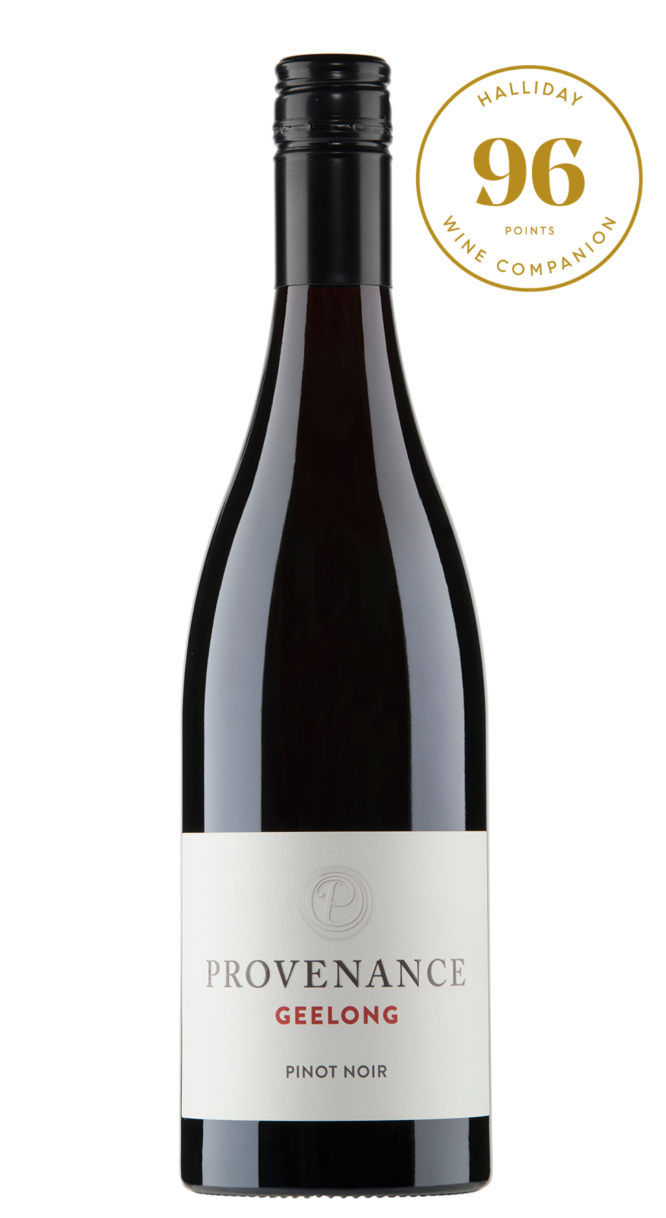 Bottle of Provenance Geelong Pinot Noir with a Halliday Wine Companion score badge on a white background