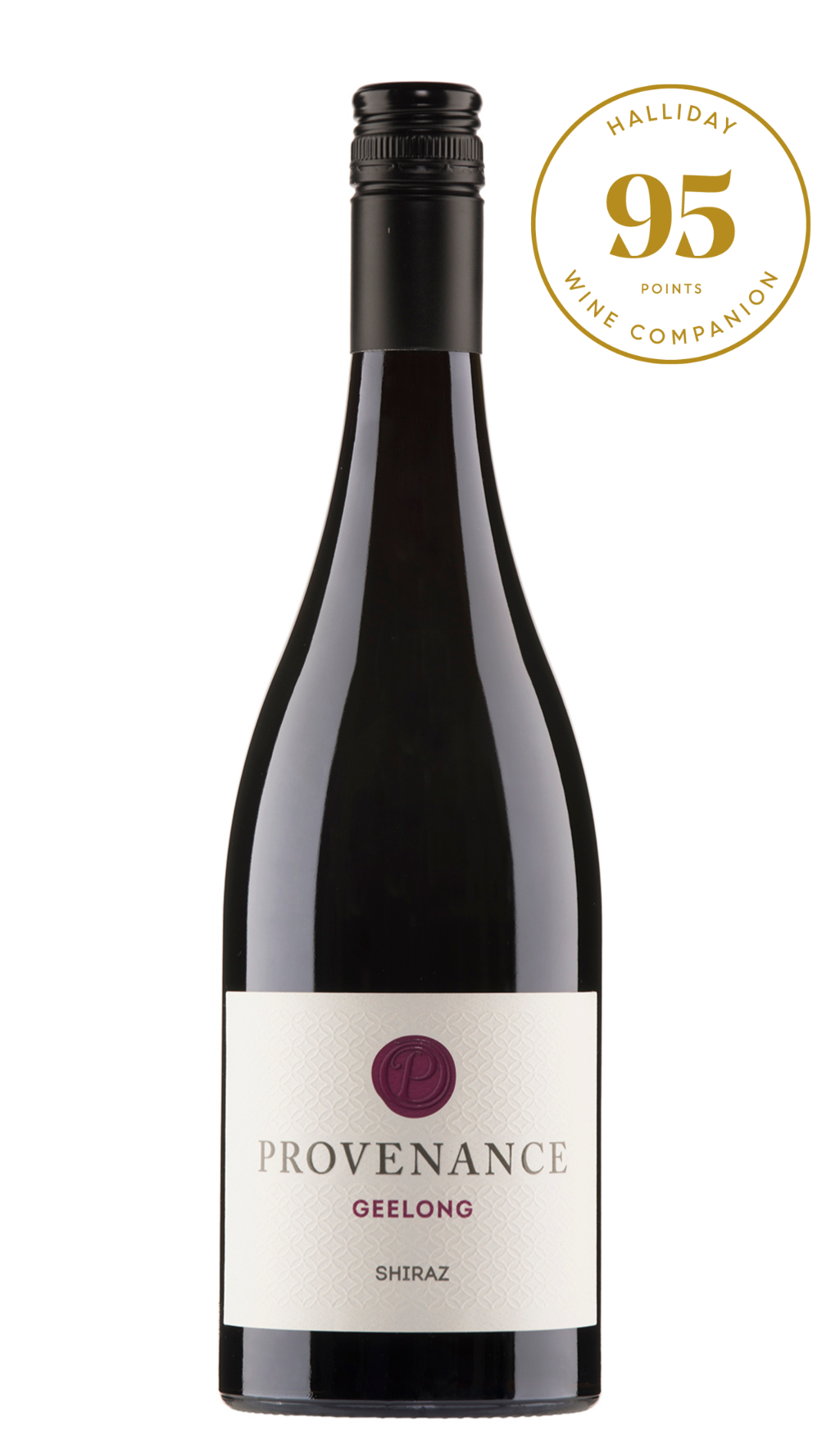 Provenance Geelong Shiraz wine bottle with a 95 points gold award from Halliday Wine Companion on a white background.