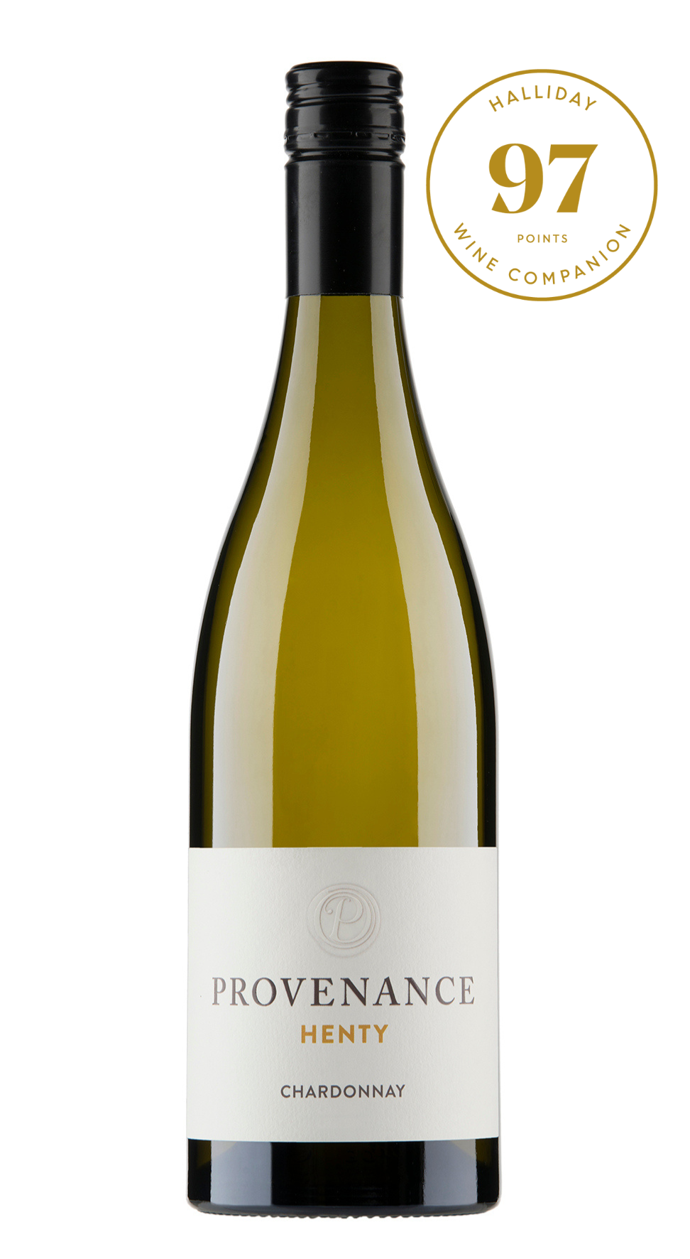 Provenance Henty Chardonnay wine bottle with a gold 97 points rating on a white background