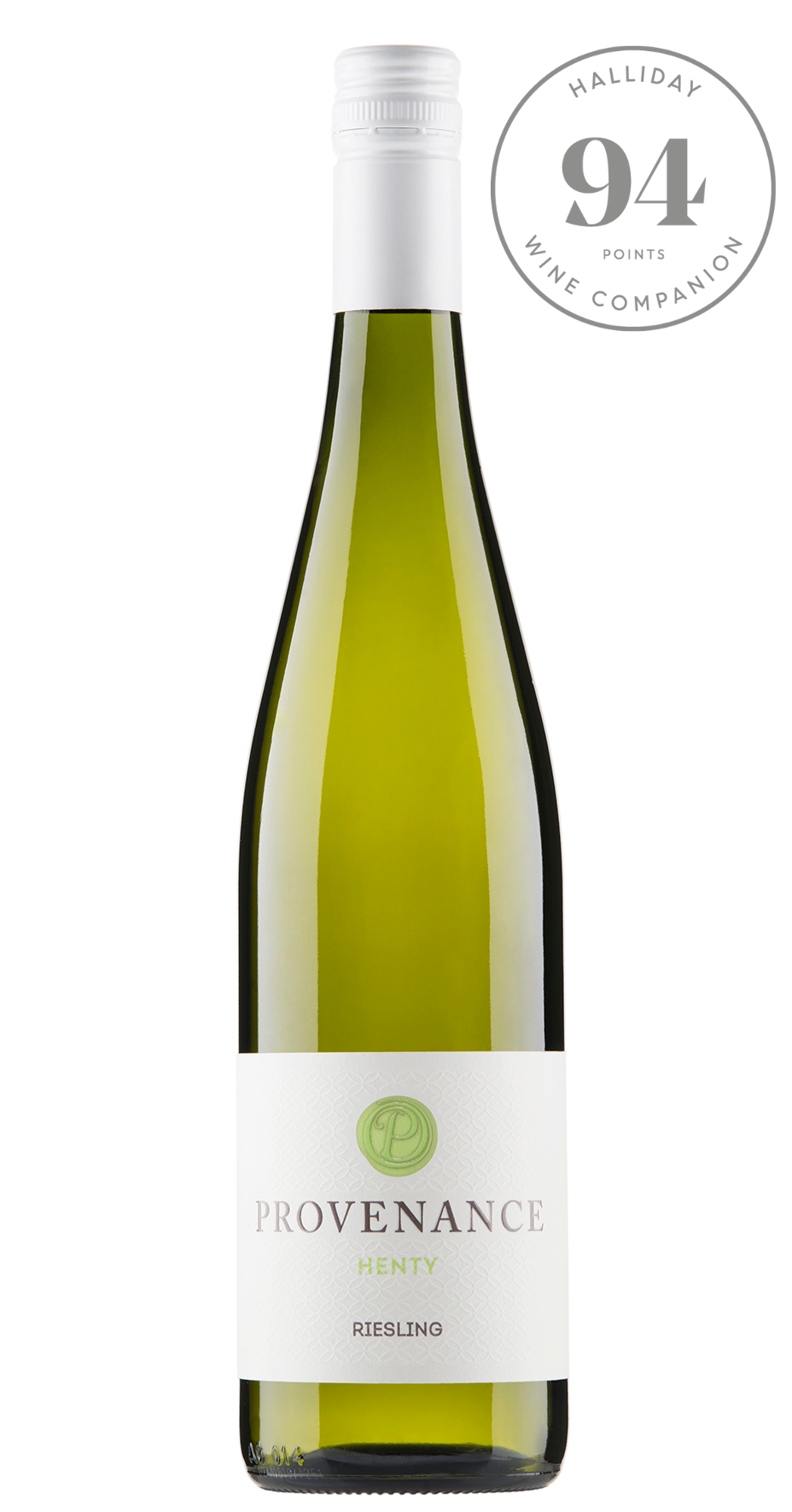 Bottle of Provenance Riesling wine with a 94-point rating from Wine Companion on a white background