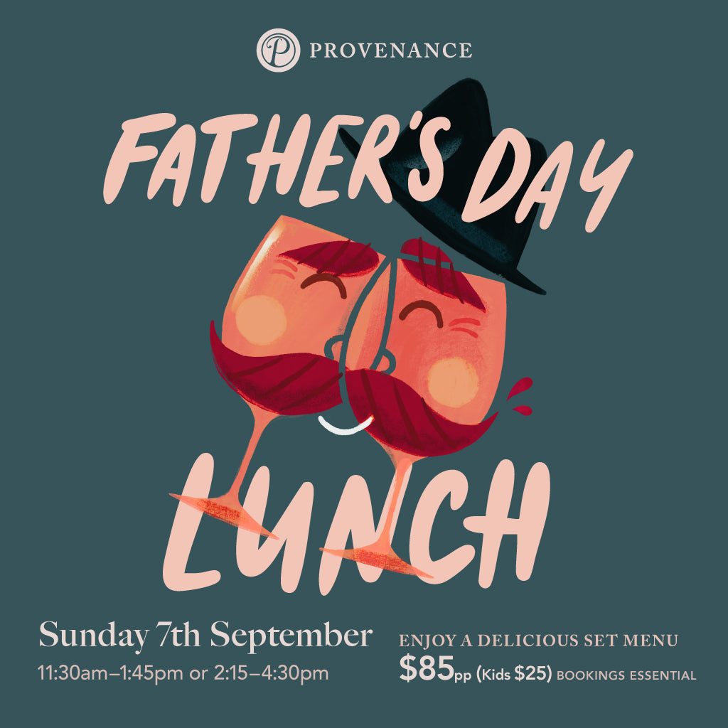 Father's Day lunch promotion with cartoon wine glasses wearing hats and mustaches on a dark green background.