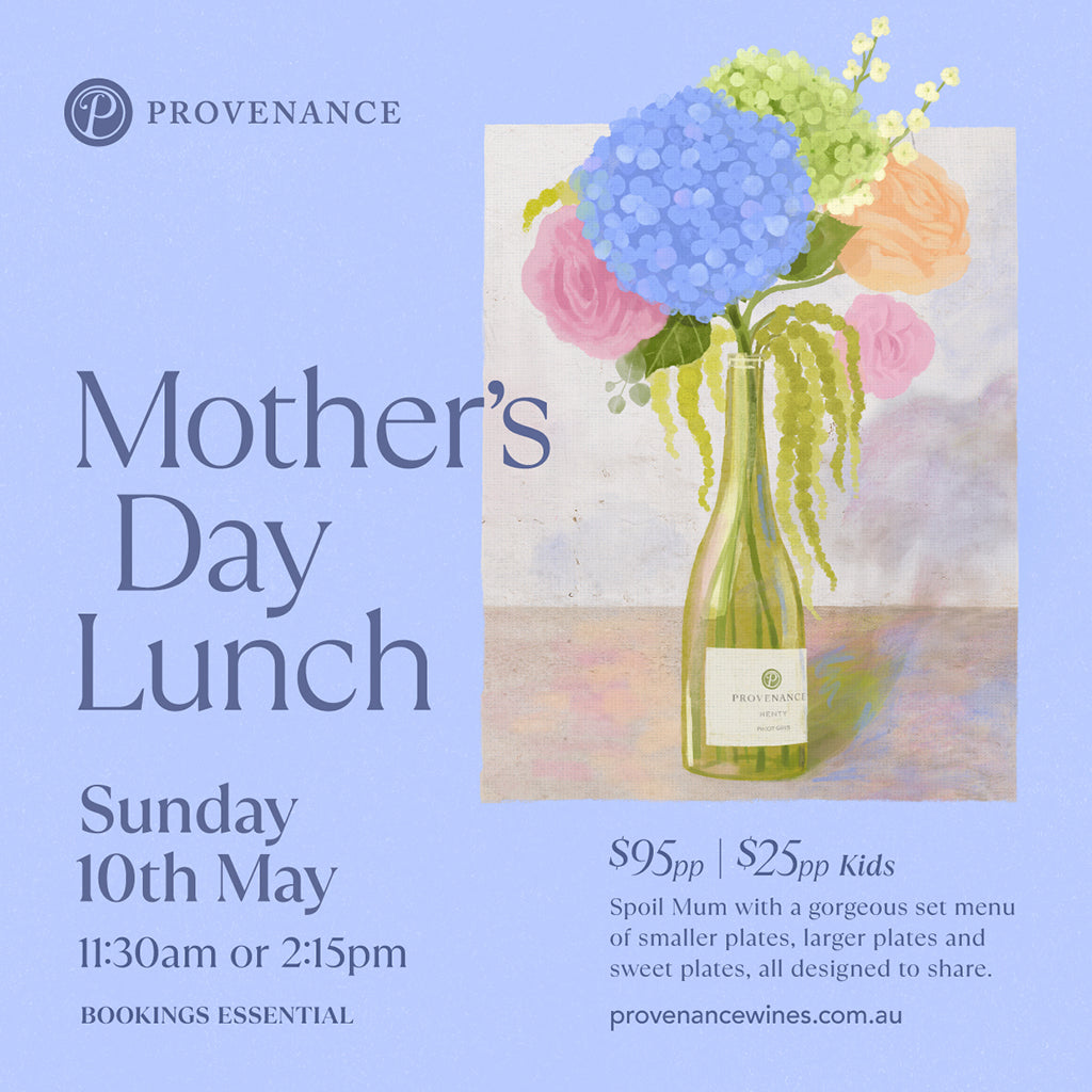 Promotional flyer for Provenance Mother's Day Lunch event with a vase of flowers on a light blue background.