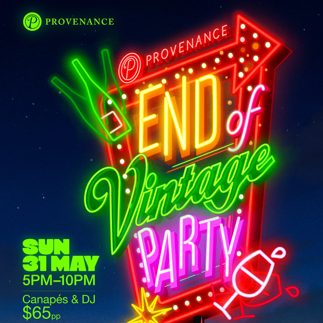 Neon sign advertisement for Provenance End of Vintage Party with event details.