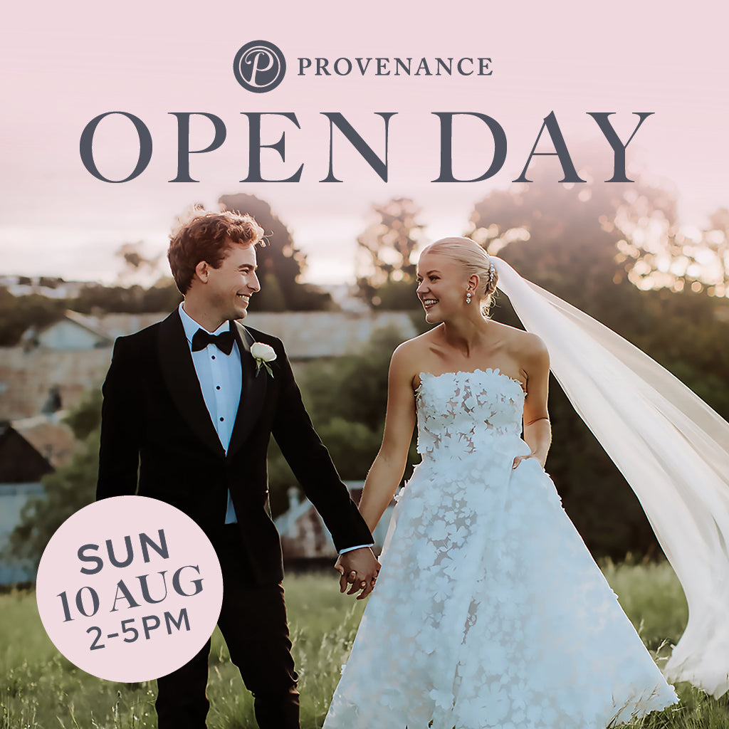 Promotional image for Provenance Open Day with a couple in wedding attire.