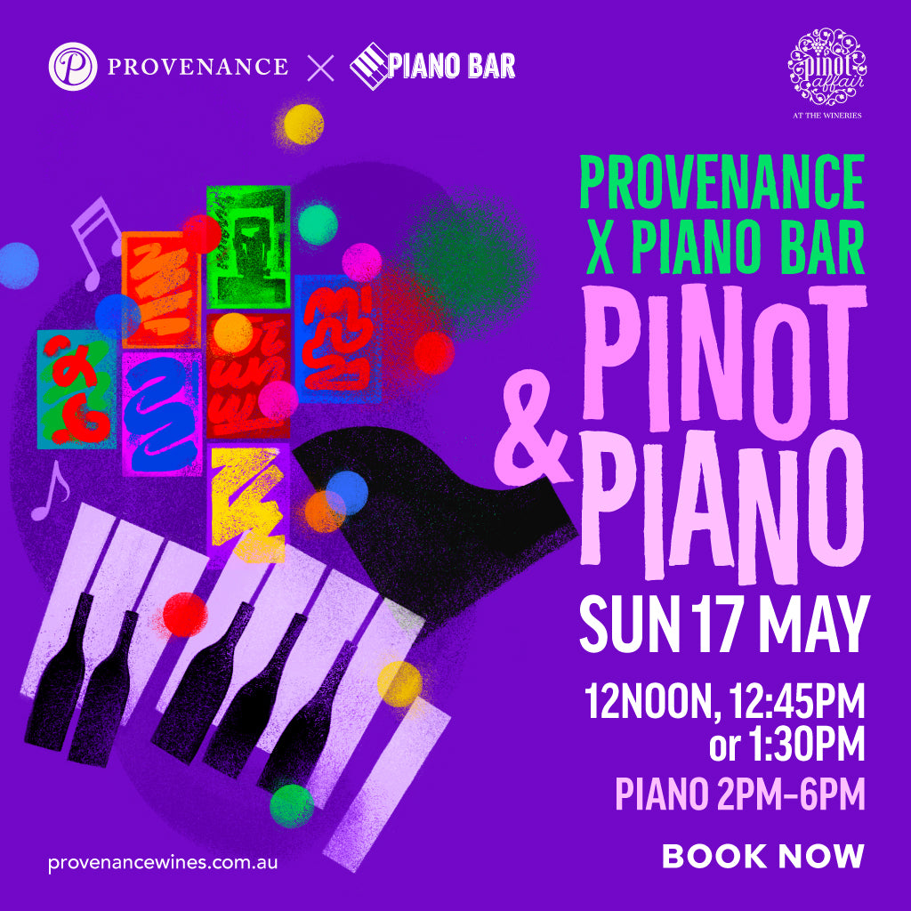 Promotional poster for Provenance x Piano Bar event with colorful design elements on a purple background.