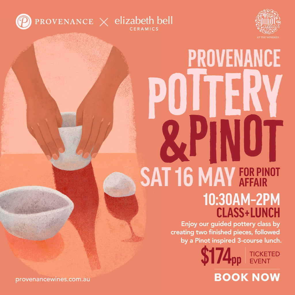 Promotional poster for Provenance Pottery & Pinot event with hands making pottery and a glass of wine.