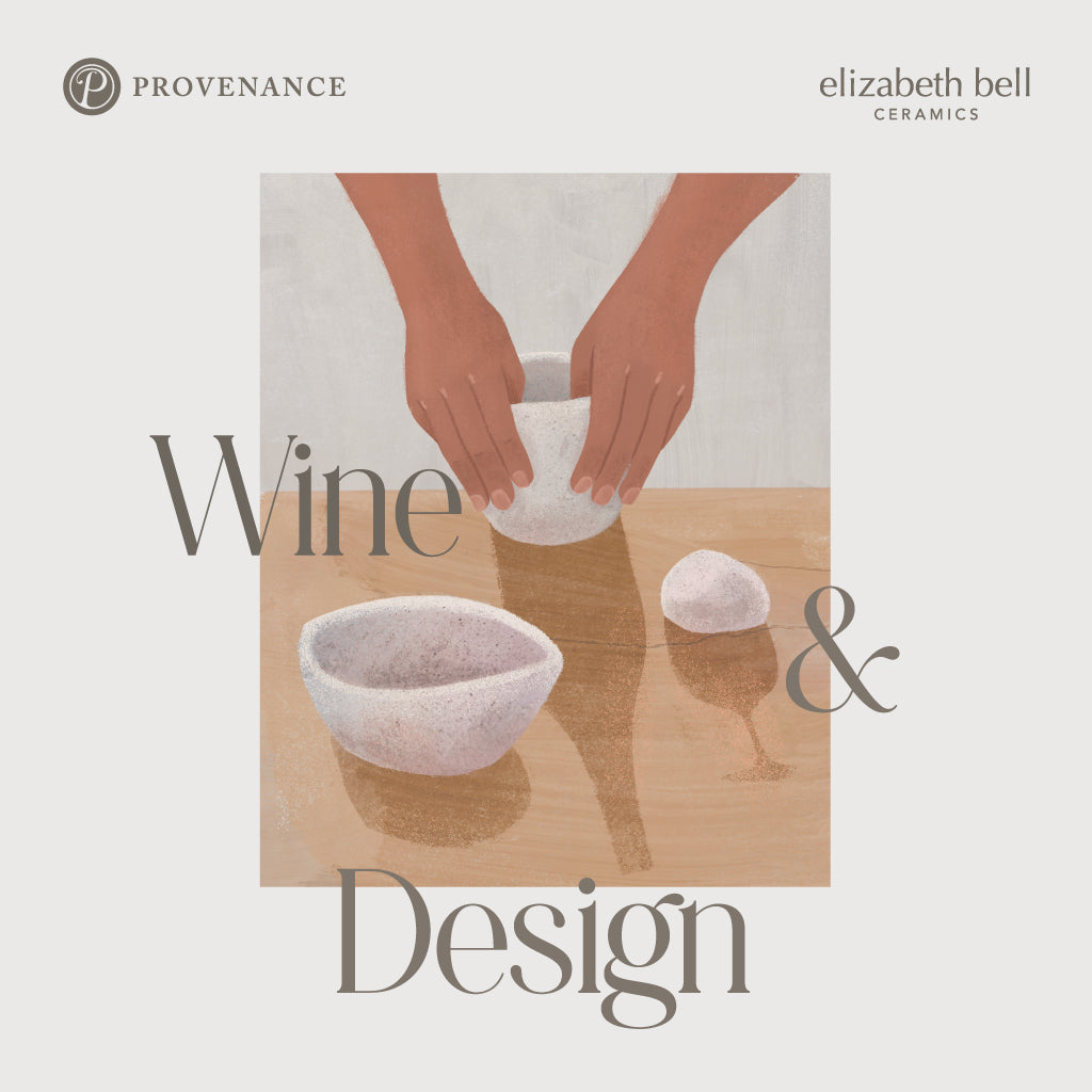 Ceramic bowls being held by hands with 'Wine & Design' text and 'Provenance' branding.