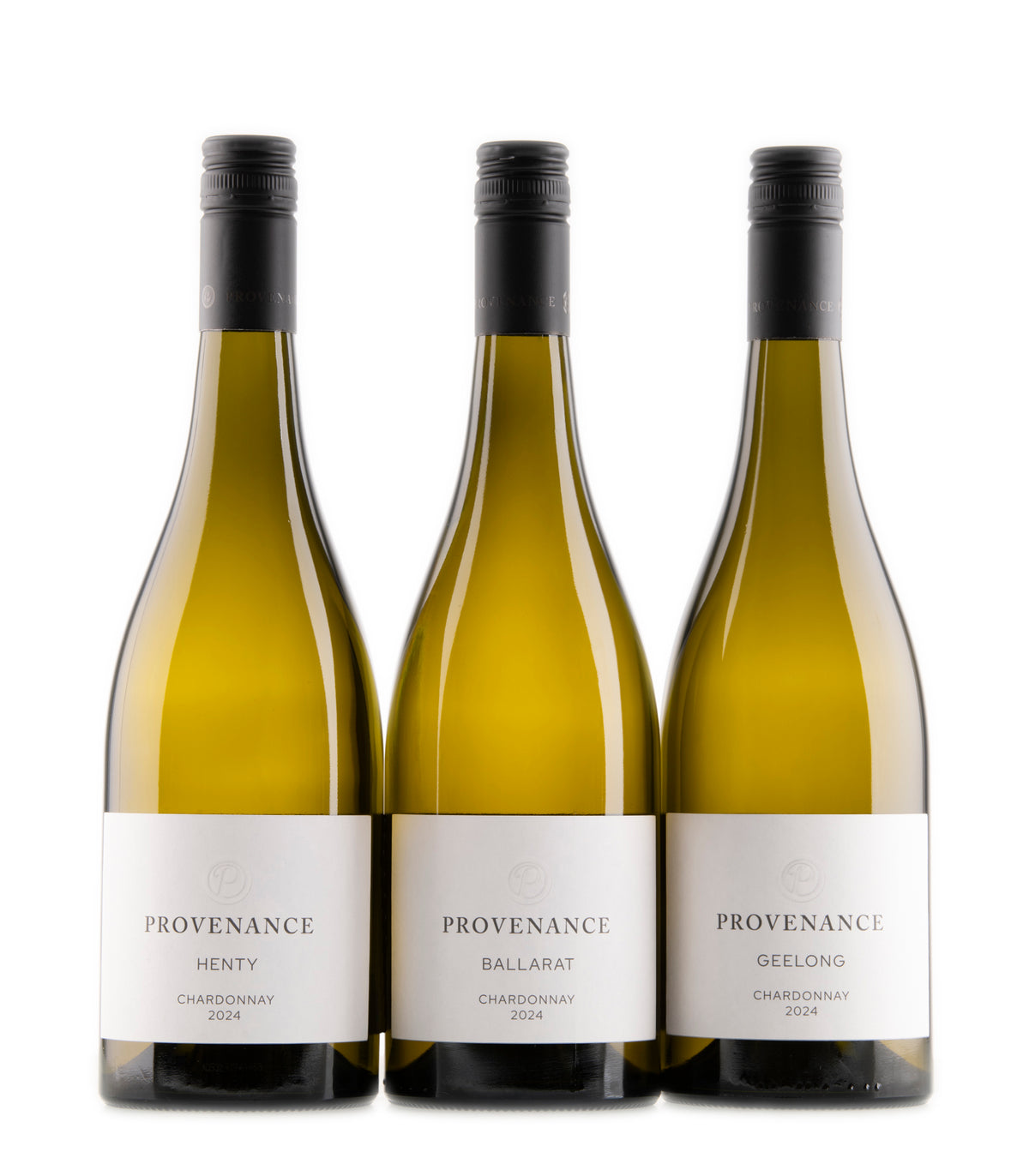 Three bottles of Provenance Chardonnay wine on a white background