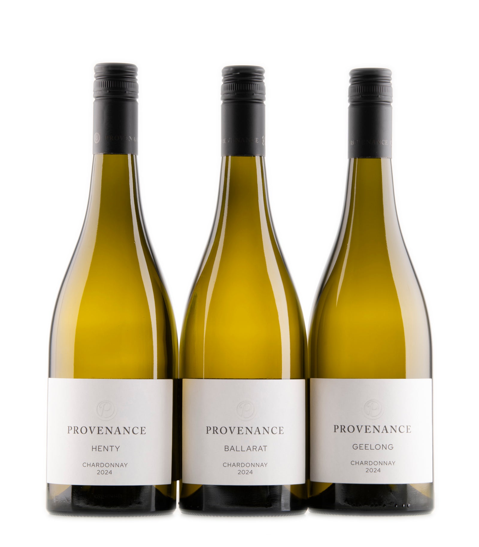 Three bottles of Provenance Chardonnay wine on a white background