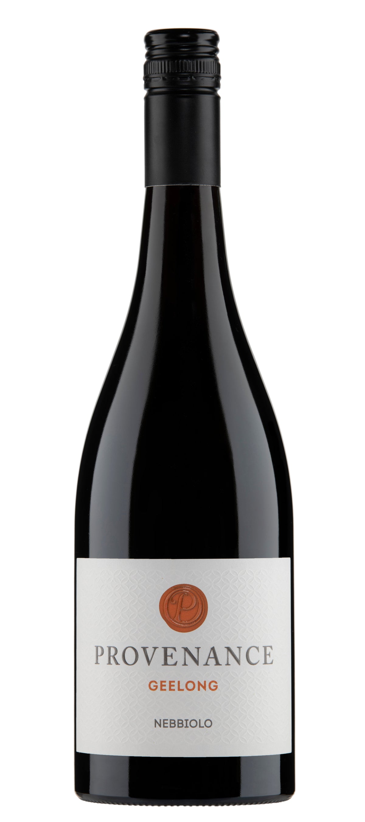 A bottle of 2019 Geelong Nebbiolo wine with a black label and the brand name &#39;PROVENANCE&#39; written on it.