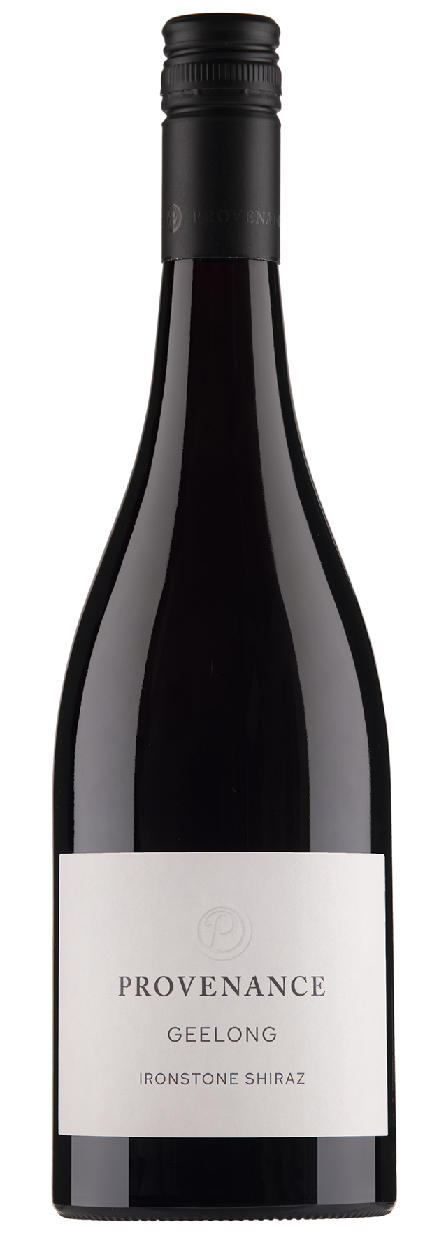 Wine bottle labeled 'Provenance Geelong Ironstone Shiraz' on a white background