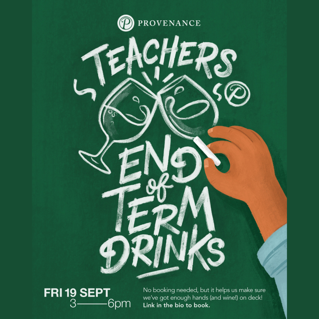 Promotional poster for 'Teachers' End of Term Drinks' event with a hand drawing wine glasses on a green background.
