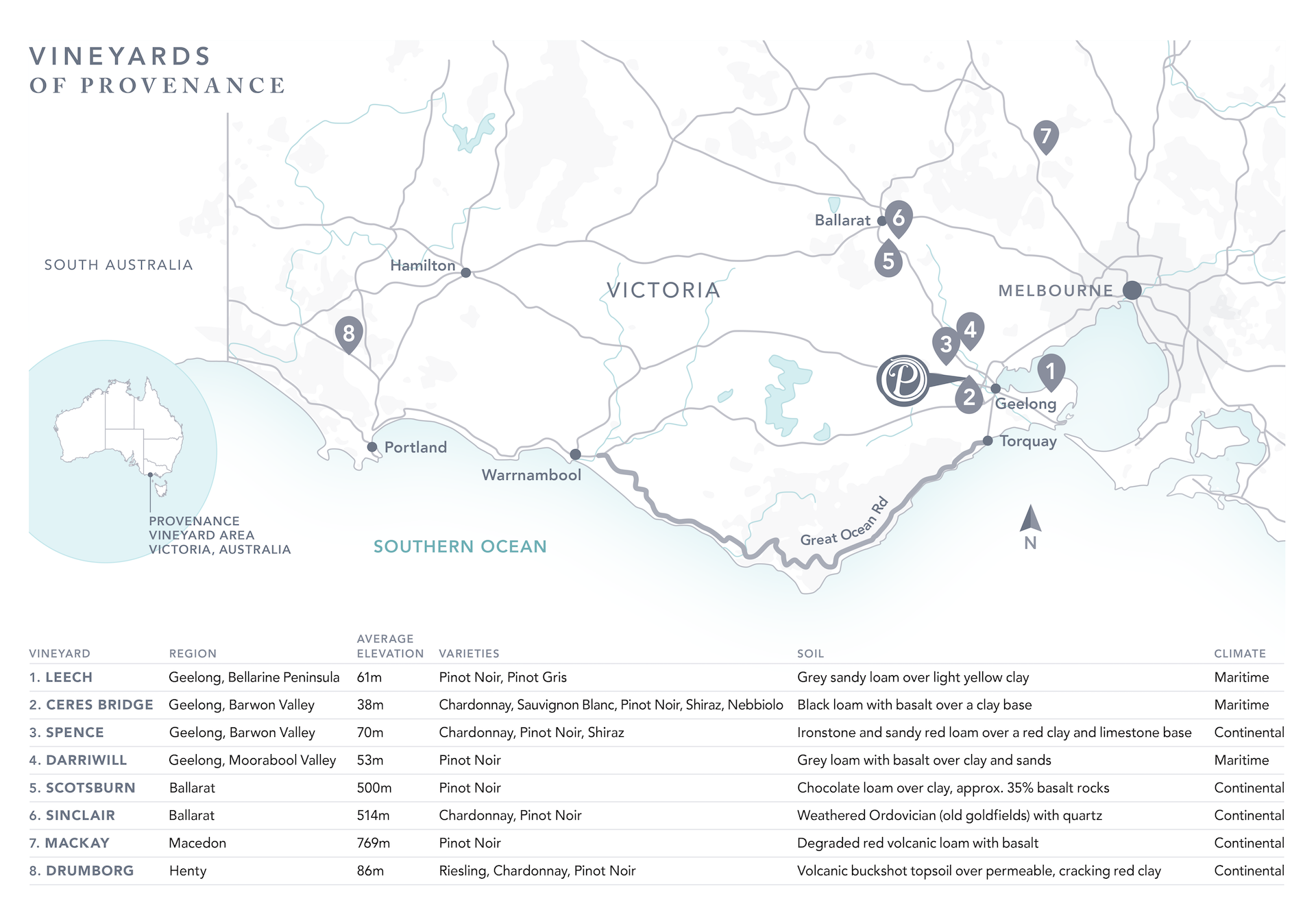 Map of Victoria and the Provenance Cool Climate Vineyards where they grow their vines